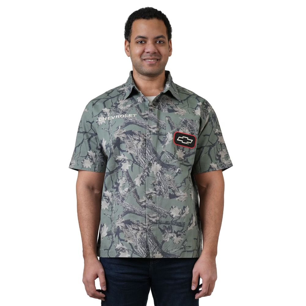 Chevrolet Mens Workwear Shirt Green Camo Tree Print Button Up XXL NWT